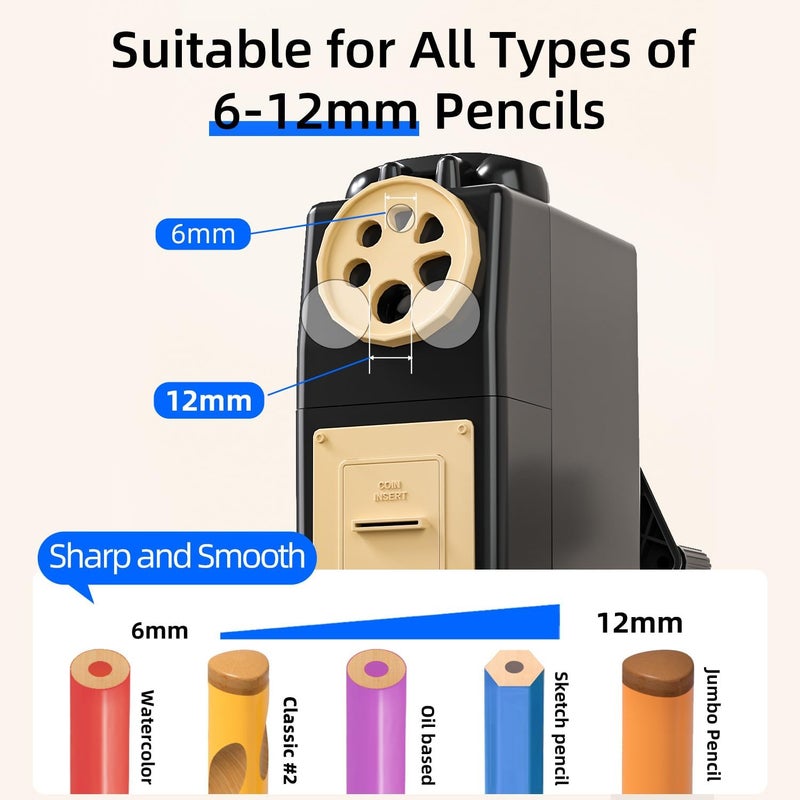 Zmol Manual Hand Crank Pencil Sharpener for Color Pencil,6 Sizes for 6-12mm Colored Pencil Sharpener Handheld with Adjustable Point,Kids, Students, Classroom, Home/Office/School Hand Held Black - Image 3